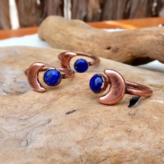 Copper Crescent Moon and Lapis Lazuli Open Ring