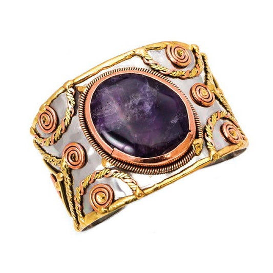 Mixed Metal and Amethyst Stone Cuff Bracelet